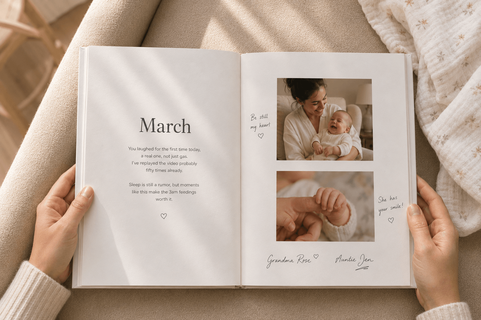 Open yeerbook page for March with a written reflection and photos of a laughing baby, signed by Grandma Rose and Auntie Jen