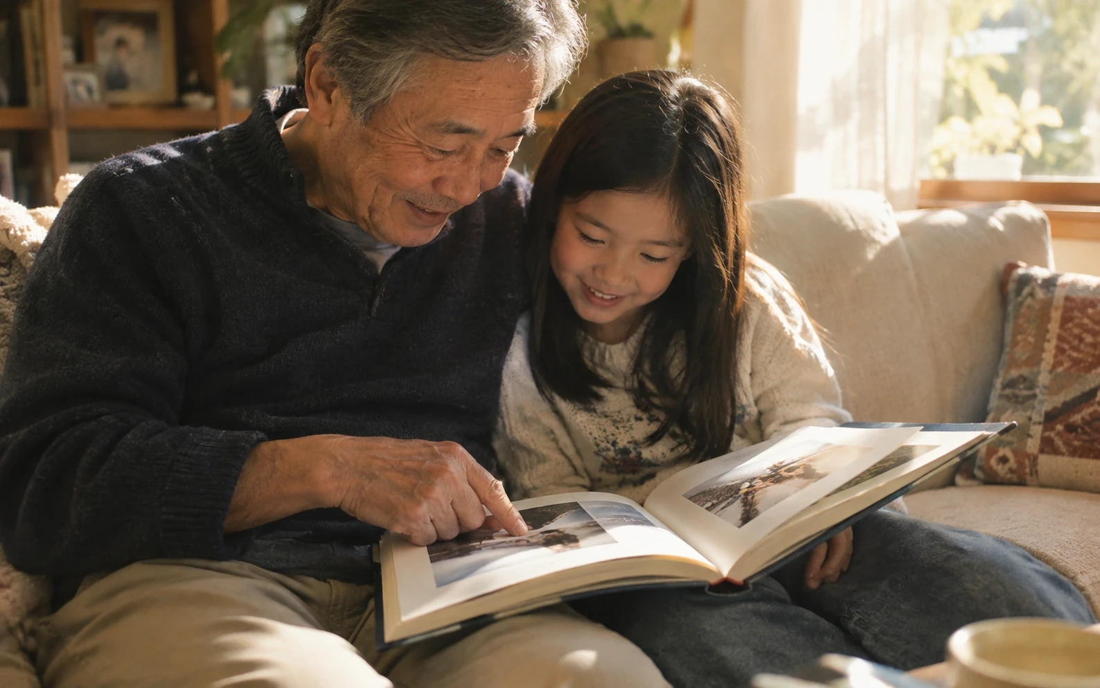 Grandfather and granddaughter smiling together on a couch while exploring an open photo book