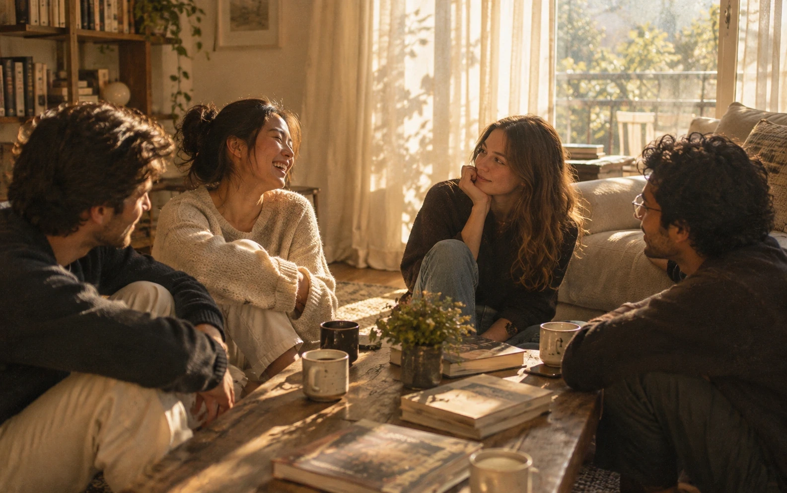 Four close friends laughing together on a sunlit living room floor around a coffee table with books and mugs