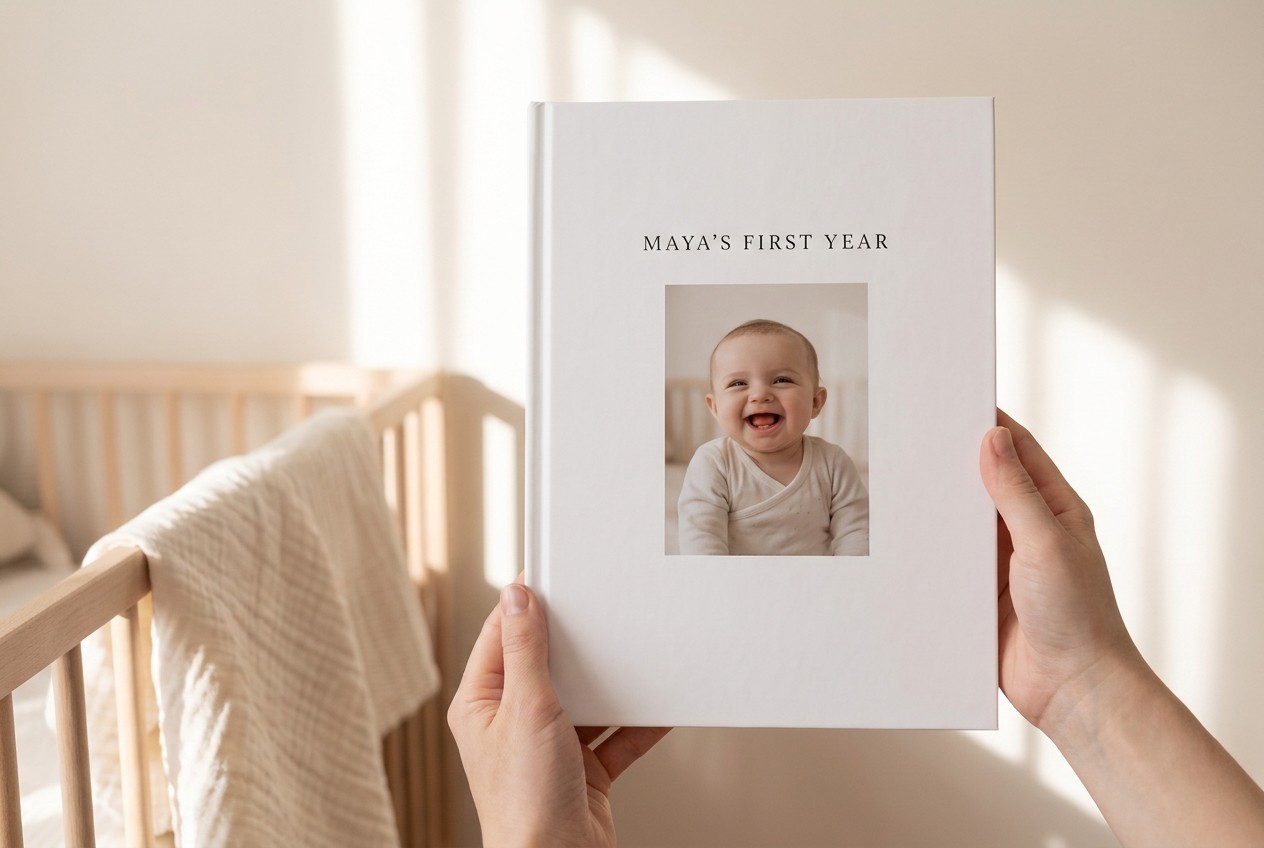 Printed hardcover yeerbook titled Maya's First Year held in a nursery