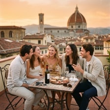 Friends laughing together on a rooftop terrace in Florence at sunset
