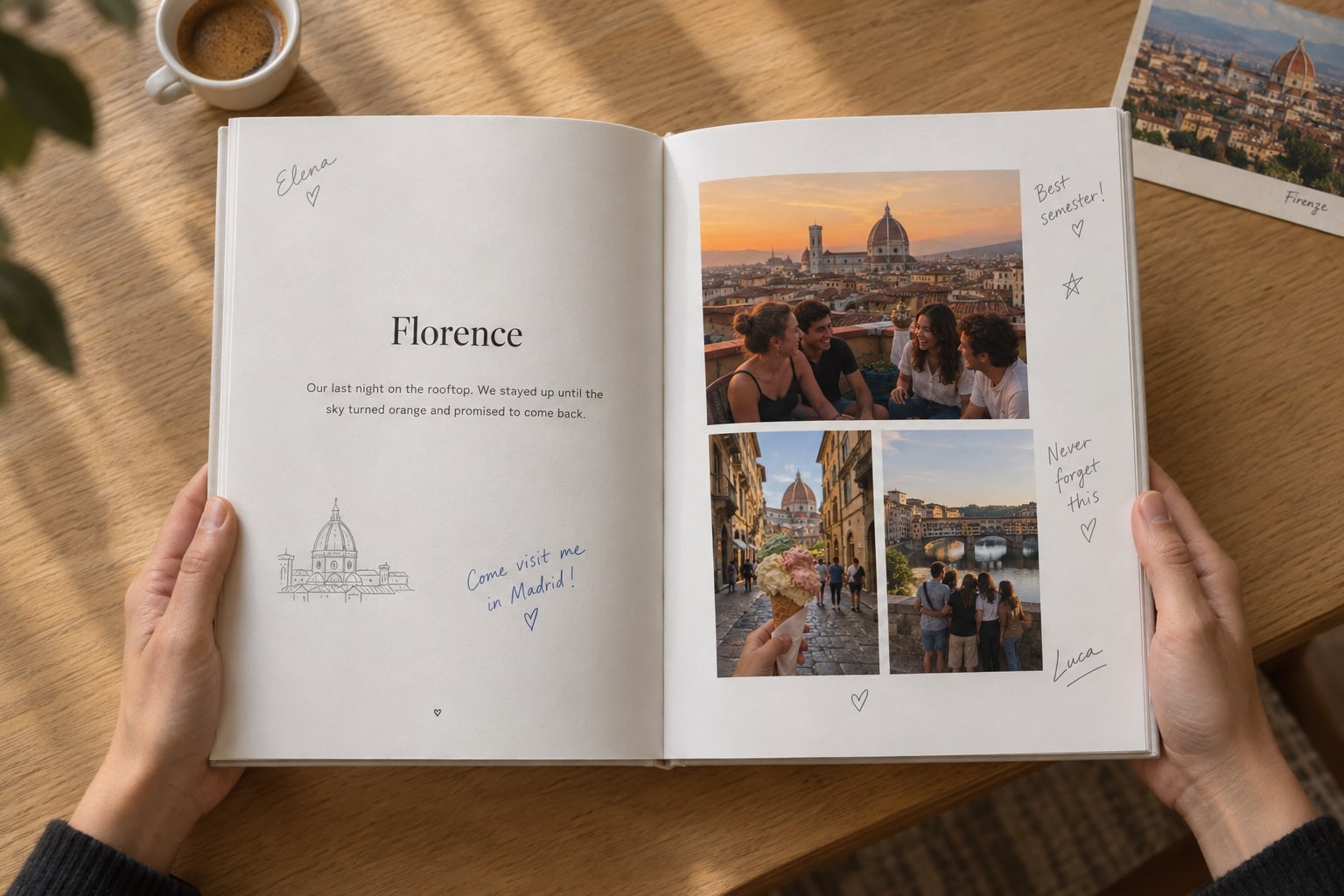 An open yeerbook spread about a semester in Florence, with three photos, a sketch of the Duomo, and handwritten notes from friends