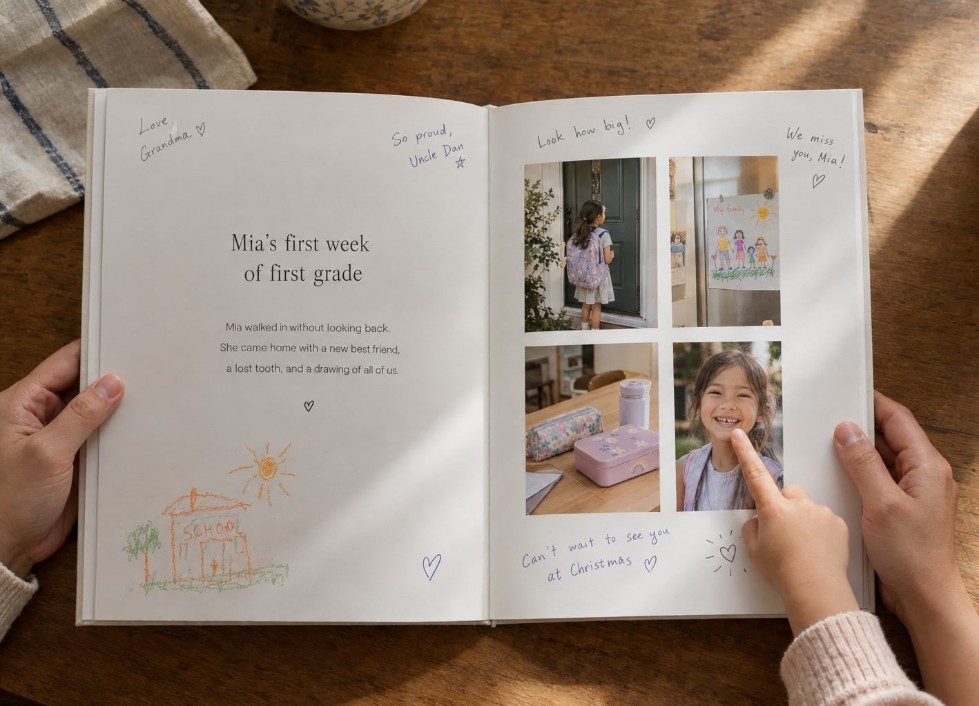 Open yeerbook spread titled Mia's first week of first grade, with school photos and handwritten notes from Grandma and Uncle Dan