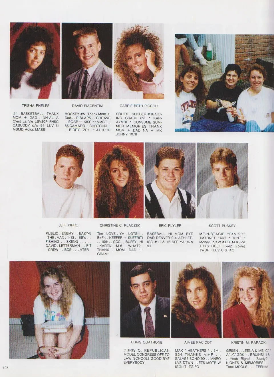 High school yearbook spread featuring senior portraits, student quotes, and campus snapshots