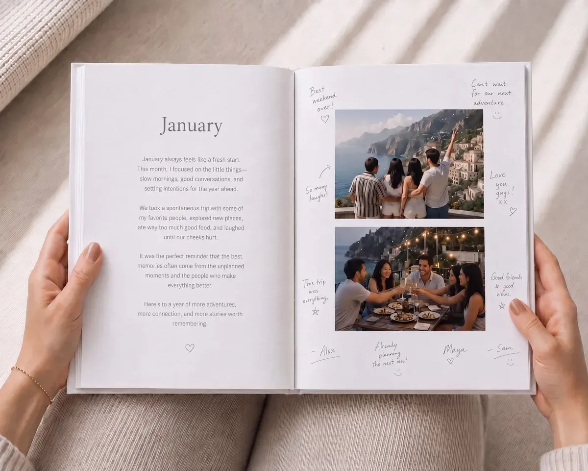Open hardcover yeerbook on Mohawk paper displaying January reflection prose and trip photographs surrounded by handwritten friend signatures