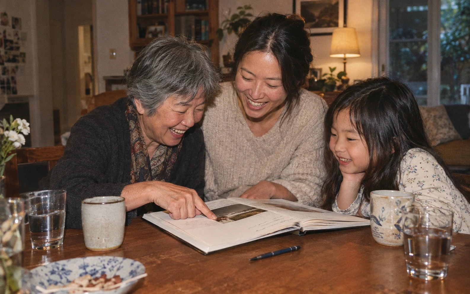 Three generations of family smiling together at a dining table while exploring an open memory book