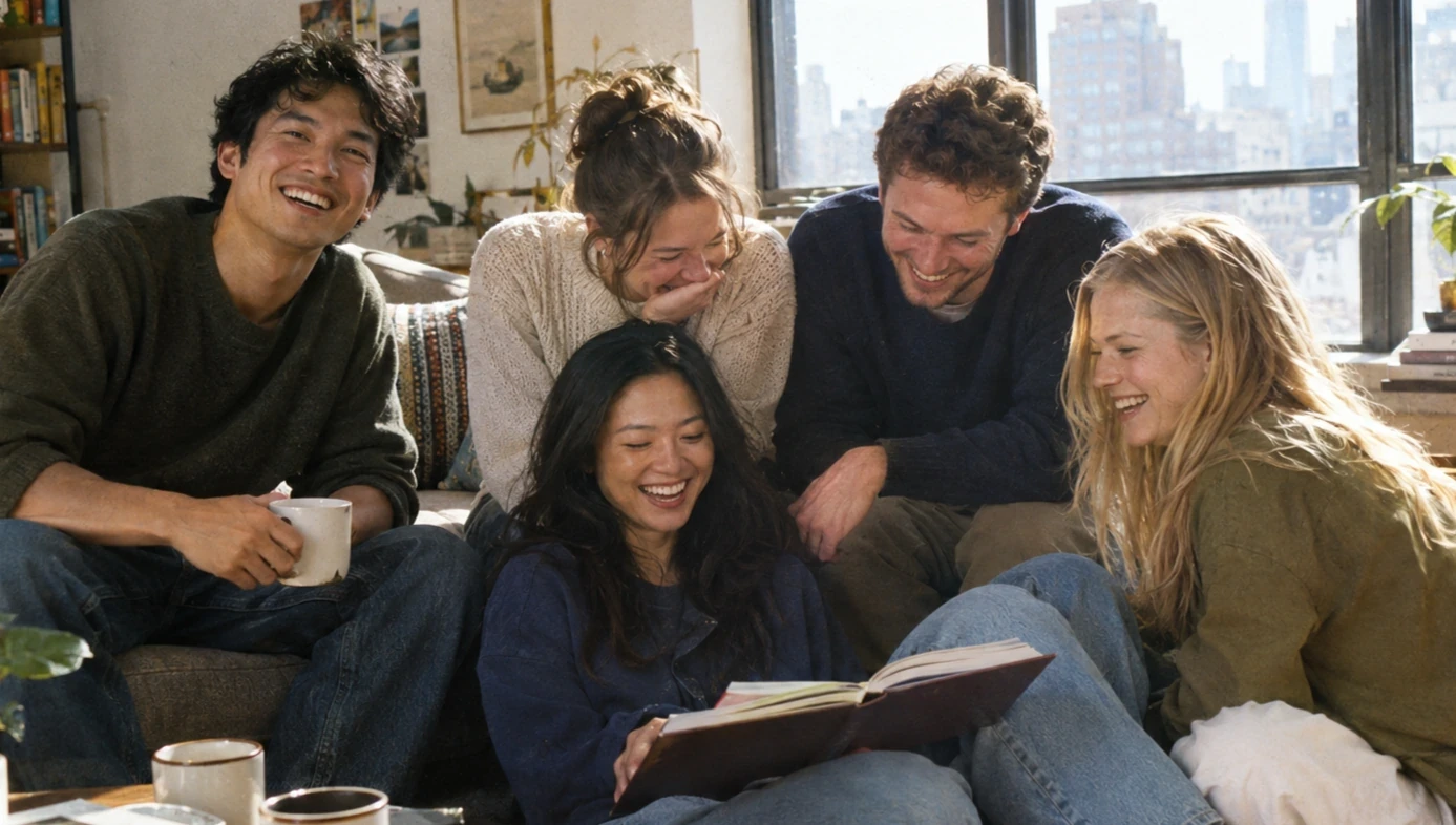 Five close friends laughing together on a living room rug and sofa while looking at an open yearbook