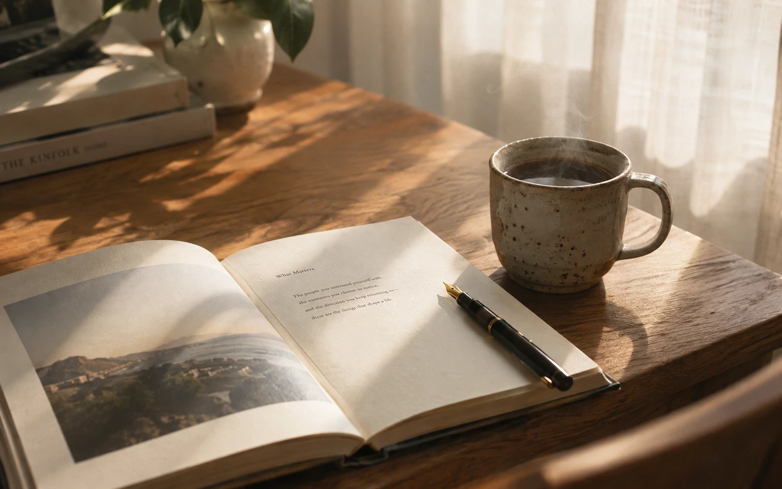 Open memory book on a sunlit wooden table beside morning coffee and a fountain pen