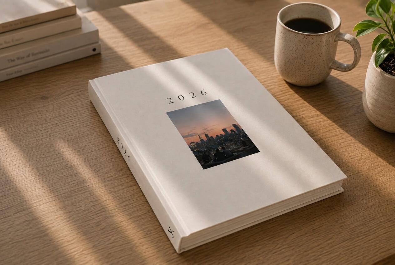 Closed yeerbook resting on a home desk beside a coffee mug and a small plant