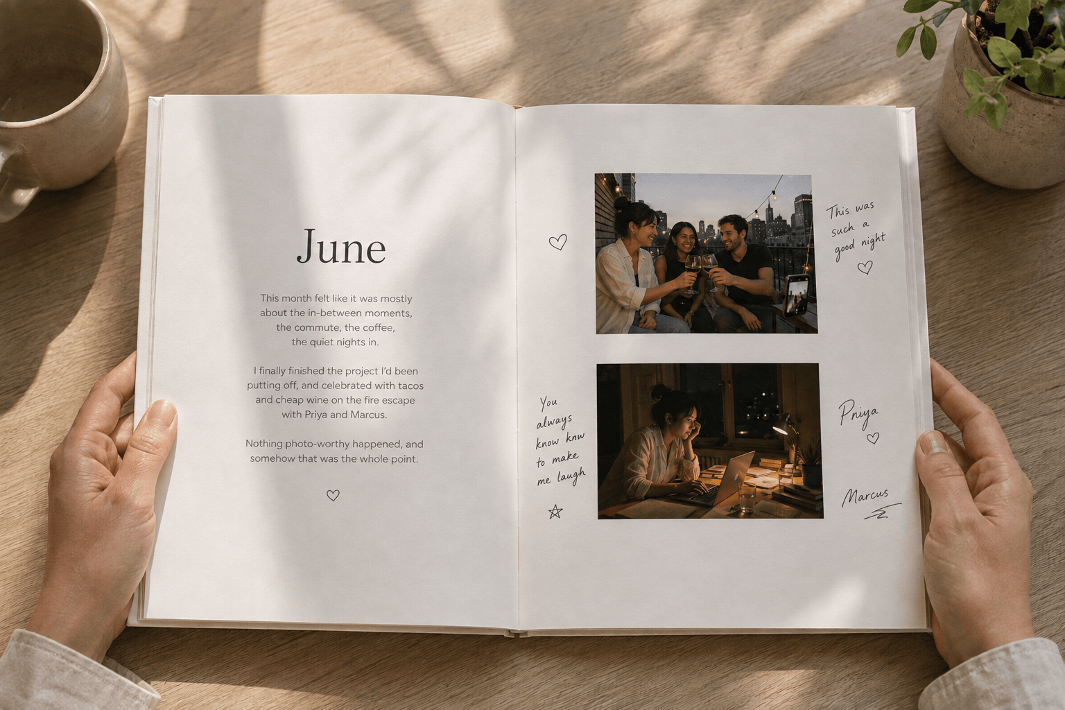 Open yeerbook page for June with a written reflection and photos of friends toasting on a fire escape, signed by Priya and Marcus
